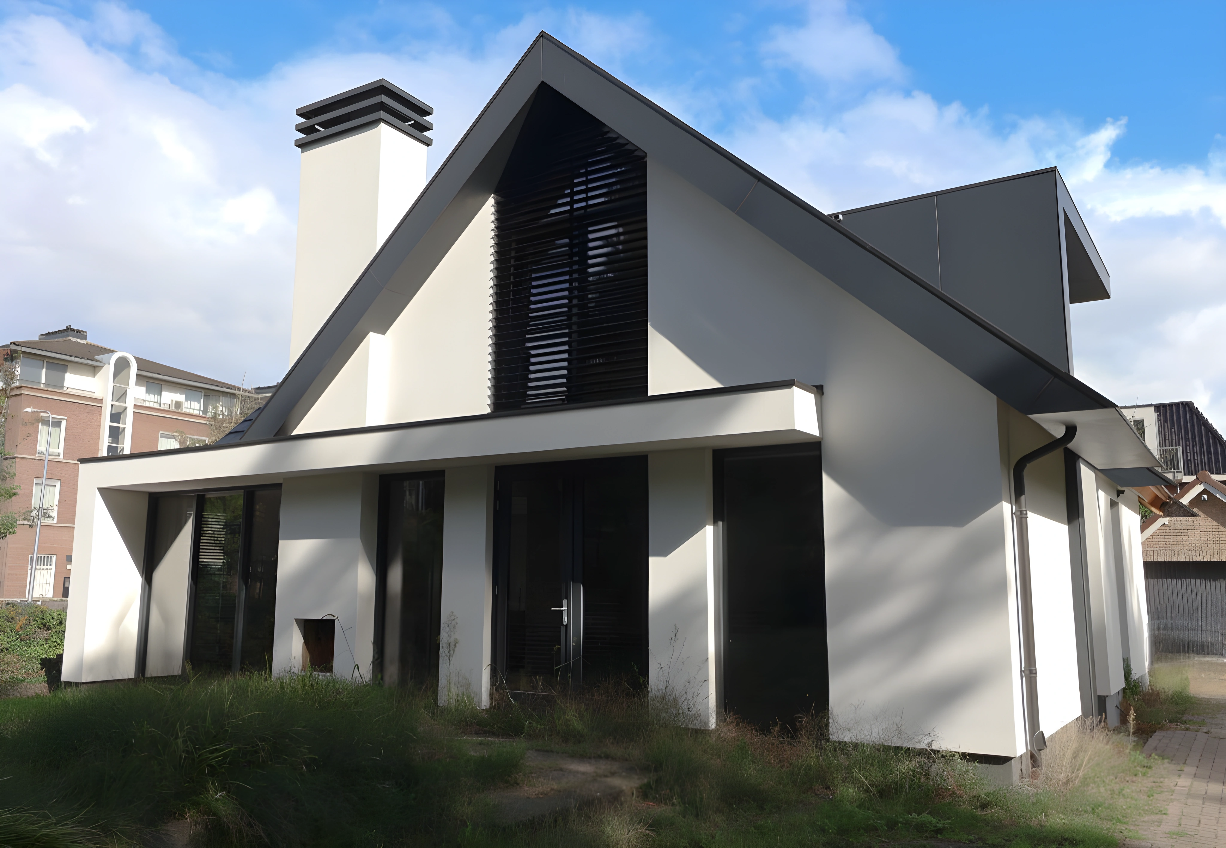 Witte woning met zadeldak — overzicht